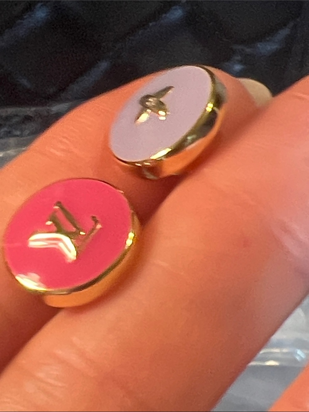 Designer-Inspired Pink and Lavender Round Logo Stud Earrings - Picture 3 of 5